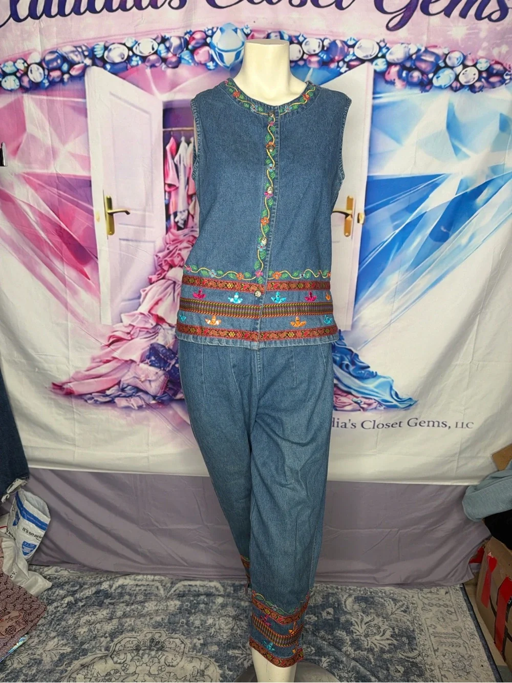 Vintage Sleeveless Embroidered Denim Pantsuit in Blue